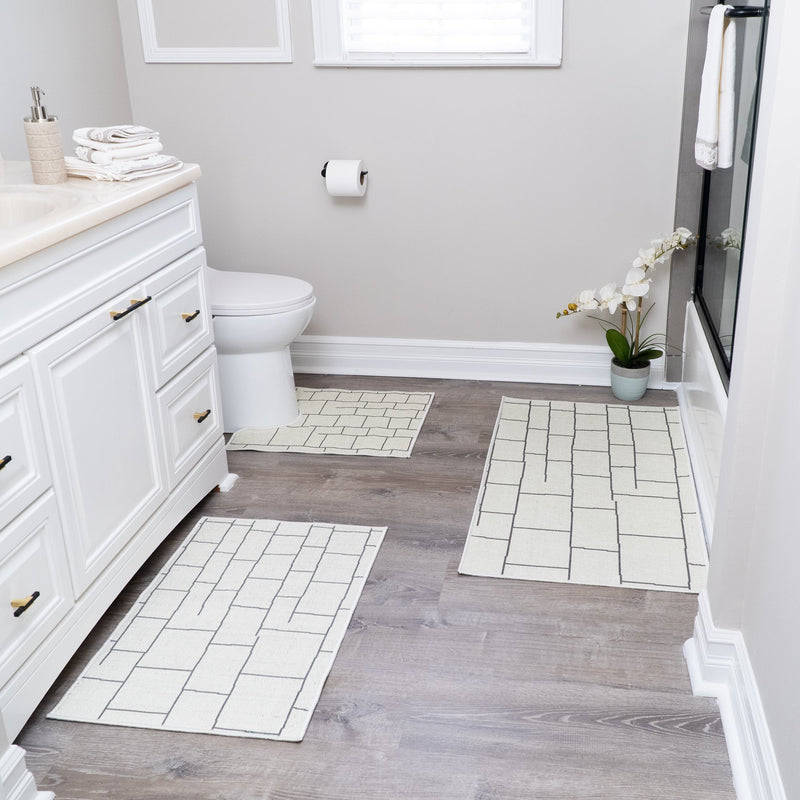 Grid Design 3 Piece Bathroom Rugs Set | Ivory