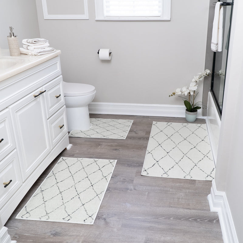 Moroccan Trellis Design 3 Piece Bathroom Rugs Set | Ivory