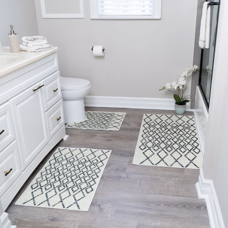 Geometric Daimond Design 3 Piece Bathroom Rugs Set | Ivory