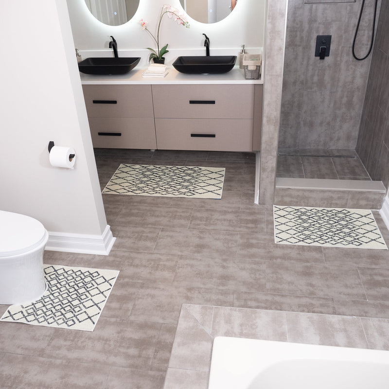 Geometric Daimond Design 3 Piece Bathroom Rugs Set | Ivory