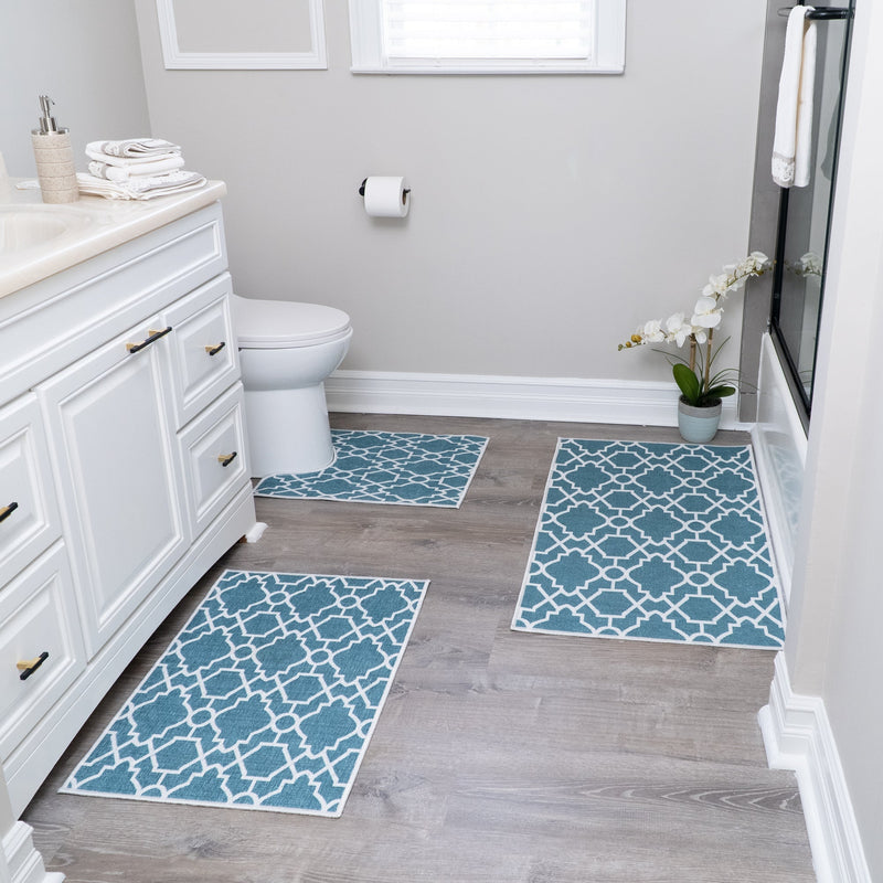 Geometric Graphic Design 3 Piece Bathroom Rugs Set | Teal