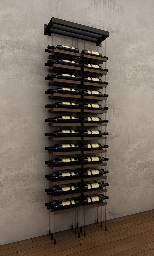 48 bottles double column two bottle deep wall mounted BUOYANT® cable wine rack (matte black hardware)