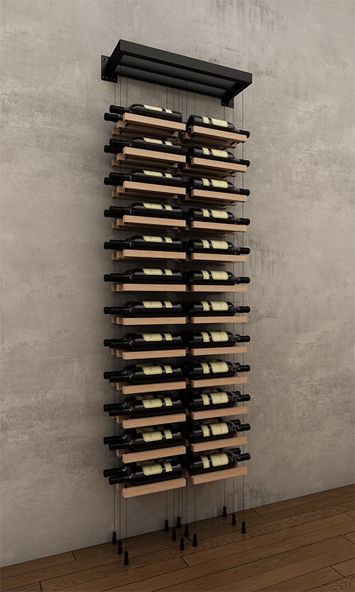 48 bottles double column two bottle deep wall mounted BUOYANT® cable wine rack (matte black hardware)