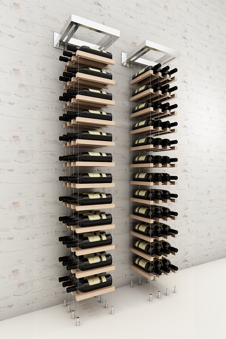 36 bottles three column label or cork forward wall mounted BUOYANT® cable wine rack (chrome hardware)