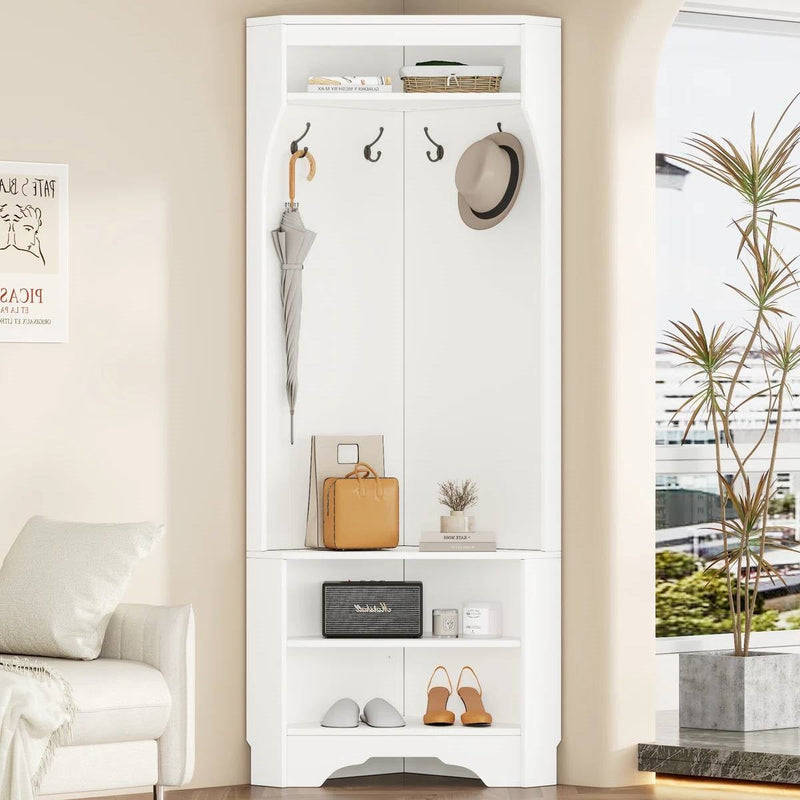 Modern White Corner Hall Tree Coat Rack Entryway Storage Cabinet Shoe Bench