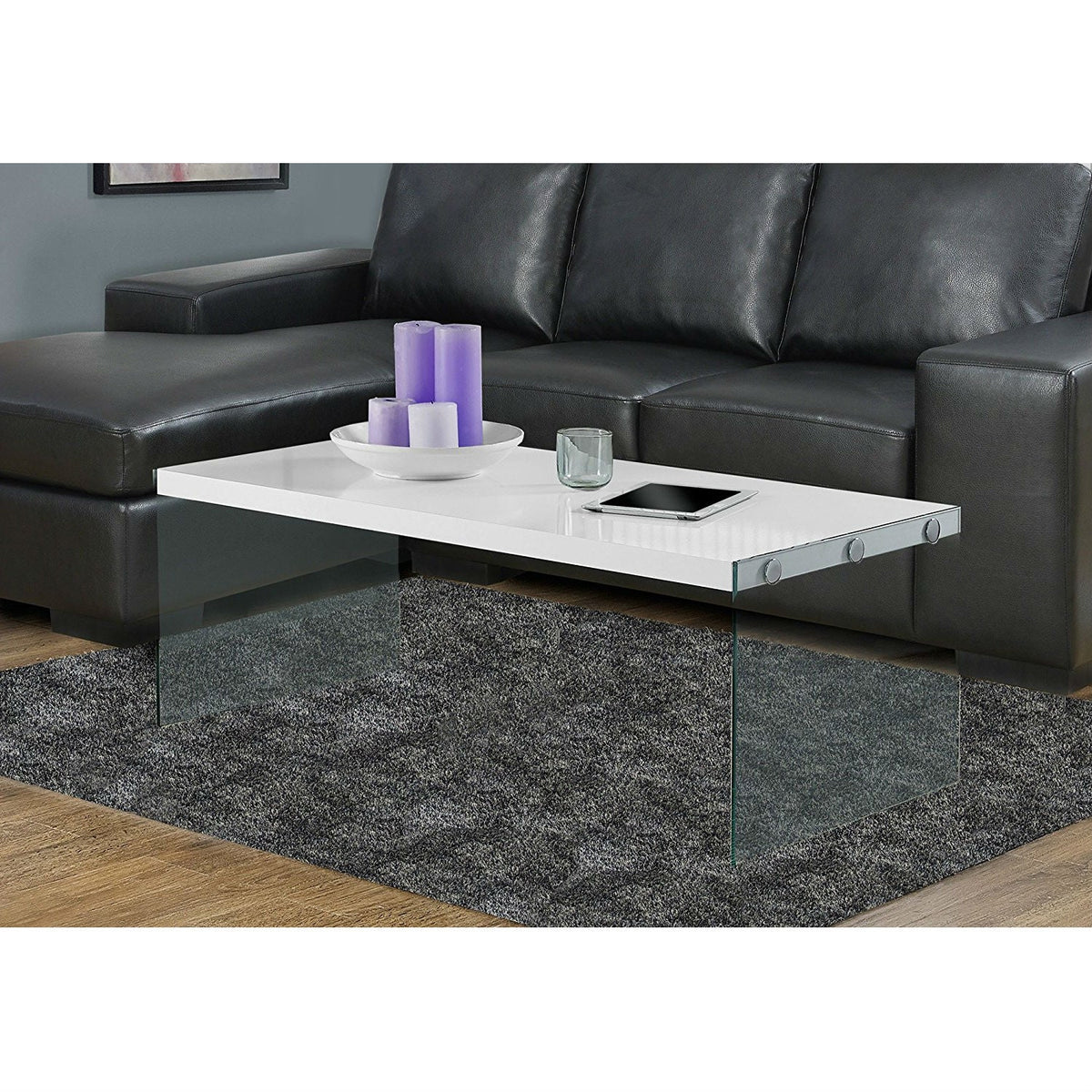 White Modern Rectangular Coffee Table with Tempered Glass Legs, photo 3 of 3