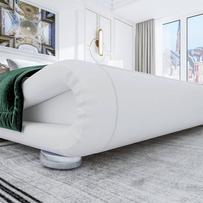 Queen Modern White Upholstered Platform Bed Frame with Sleigh Curved Headboard, photo 4 of 5