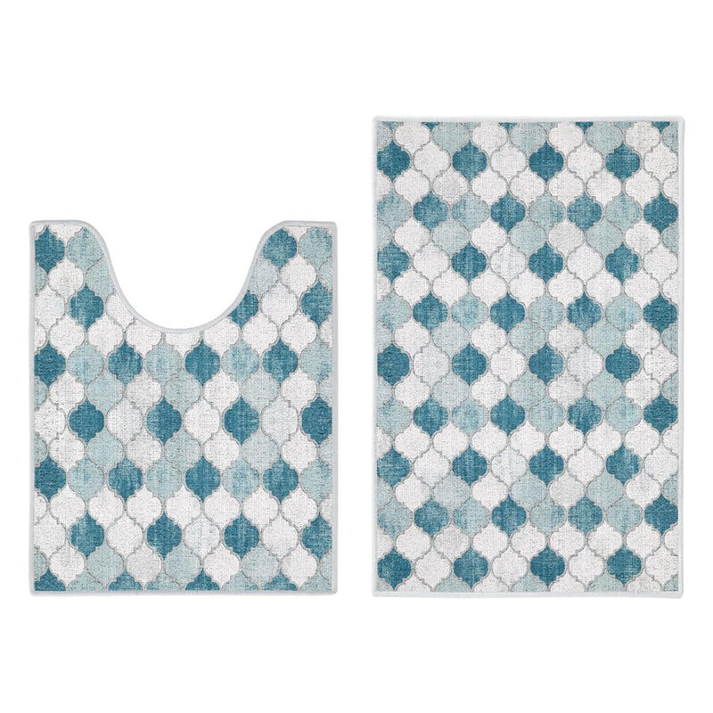 Moroccan Design 2 Piece Bathroom Rugs Set | Gray&Blue
