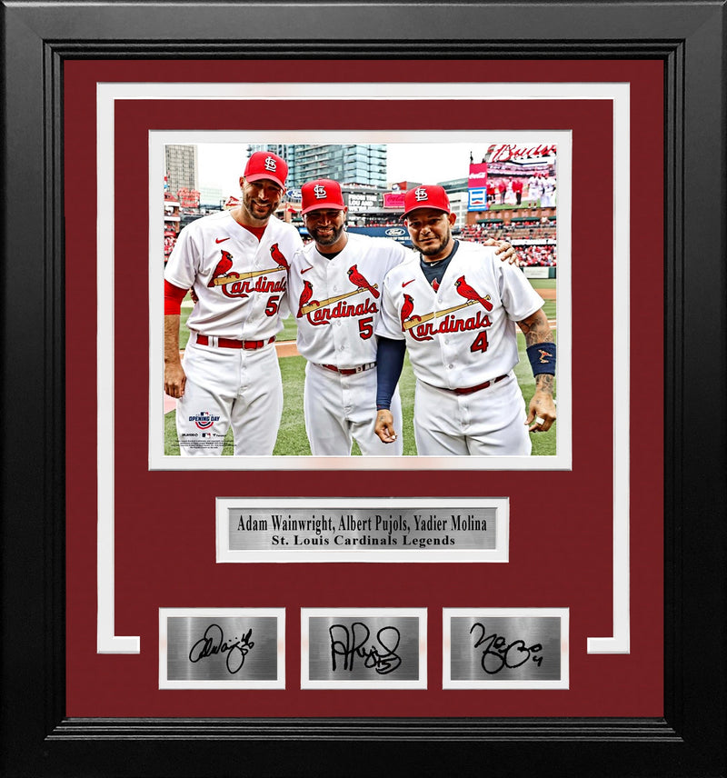 Adam Wainwright, Albert Pujols, & Yadier Molina Cardinals 8x10 Framed Photo with Engraved Autographs
