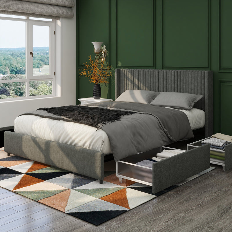 Walker Edison | Anna Queen Size Linen Upholstered Wingback Platform Storage Bed