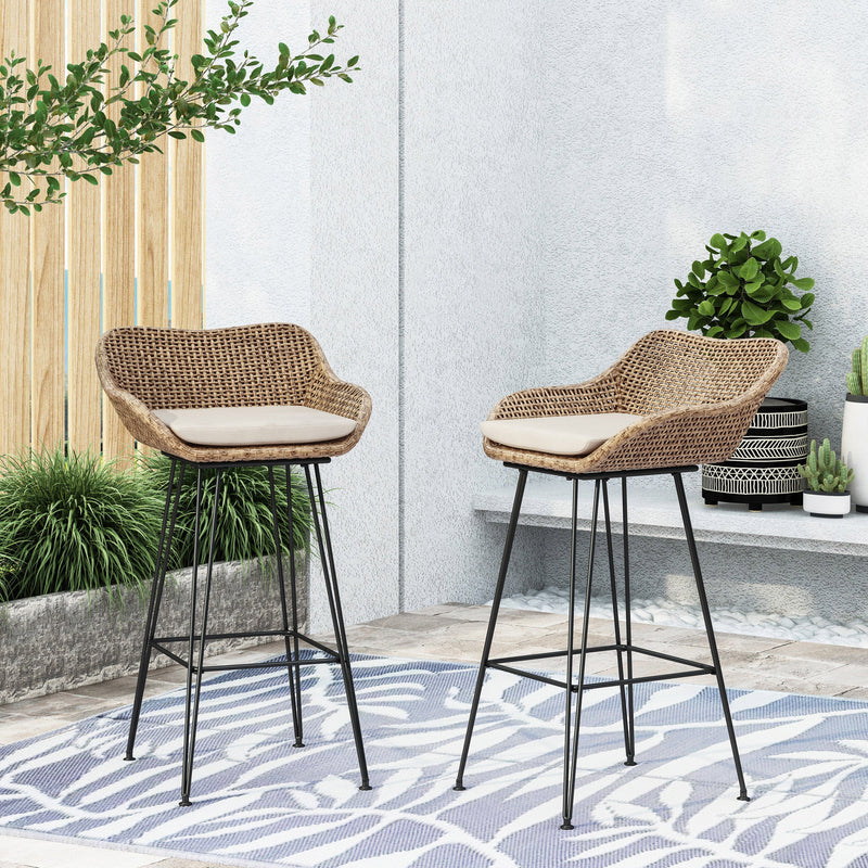 Walker Edison | Outdoor 29.25'' Wicker and Iron Barstool with Cushion (Set of 2)