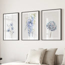 Set of 3 Blue Watercolor Minimalist Flowers Prints by Wall Art Set