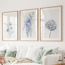 Set of 3 Blue Watercolor Minimalist Flowers Prints by Wall Art Set