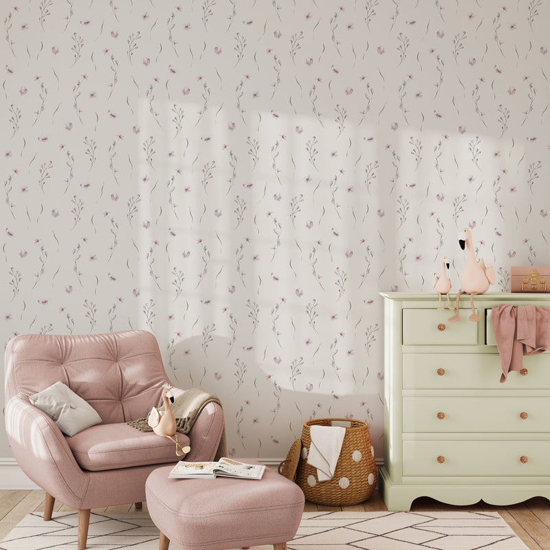 Green and Pink Floral Removable Wallpaper