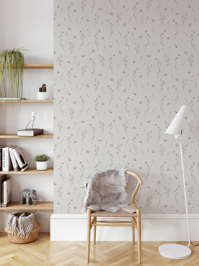 Green and Pink Floral Removable Wallpaper