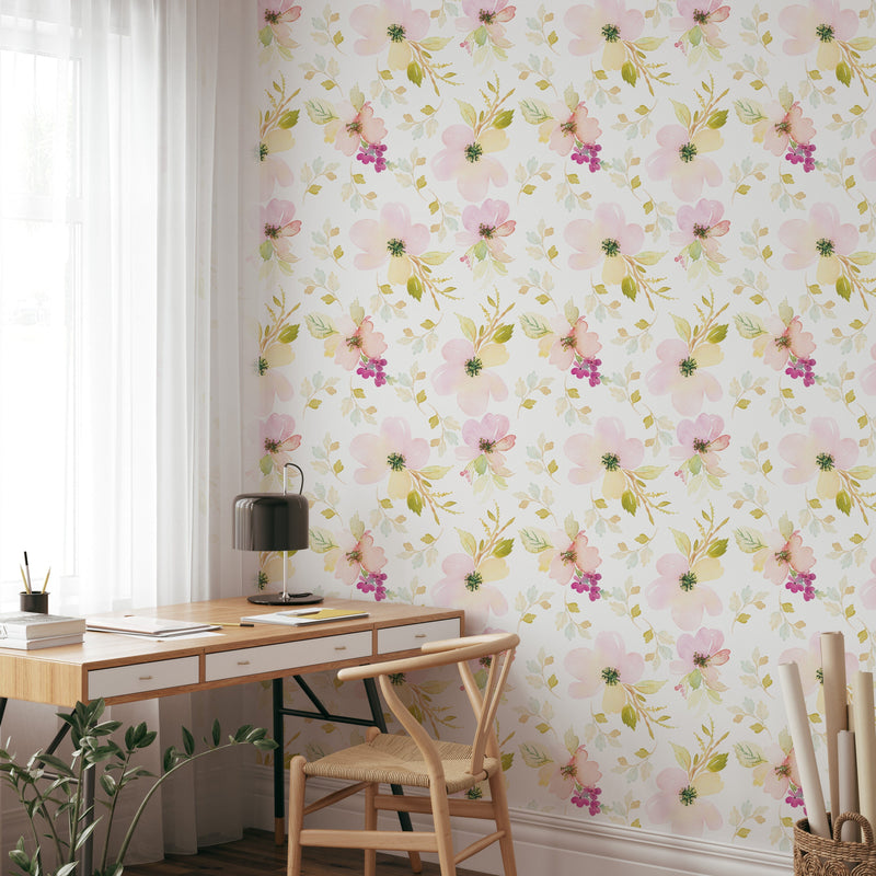 Watercolor Gentle Pink Flowers Pattern Large Scale Wallpaper