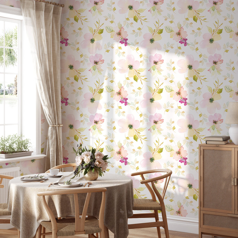 Watercolor Gentle Pink Flowers Pattern Large Scale Wallpaper