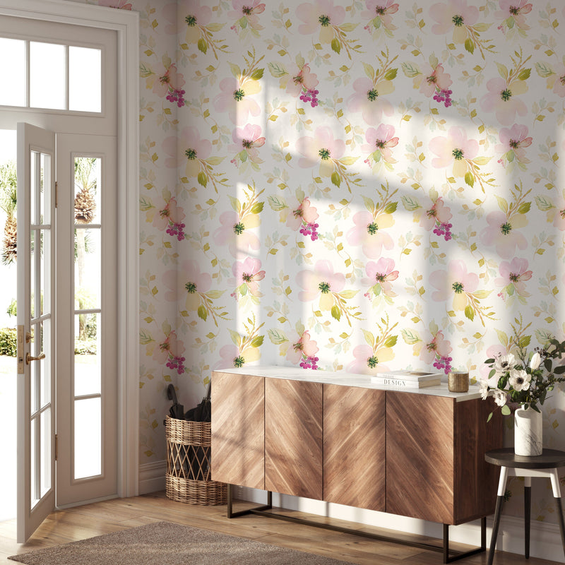 Watercolor Gentle Pink Flowers Pattern Large Scale Wallpaper