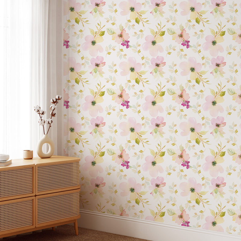 Watercolor Gentle Pink Flowers Pattern Large Scale Wallpaper