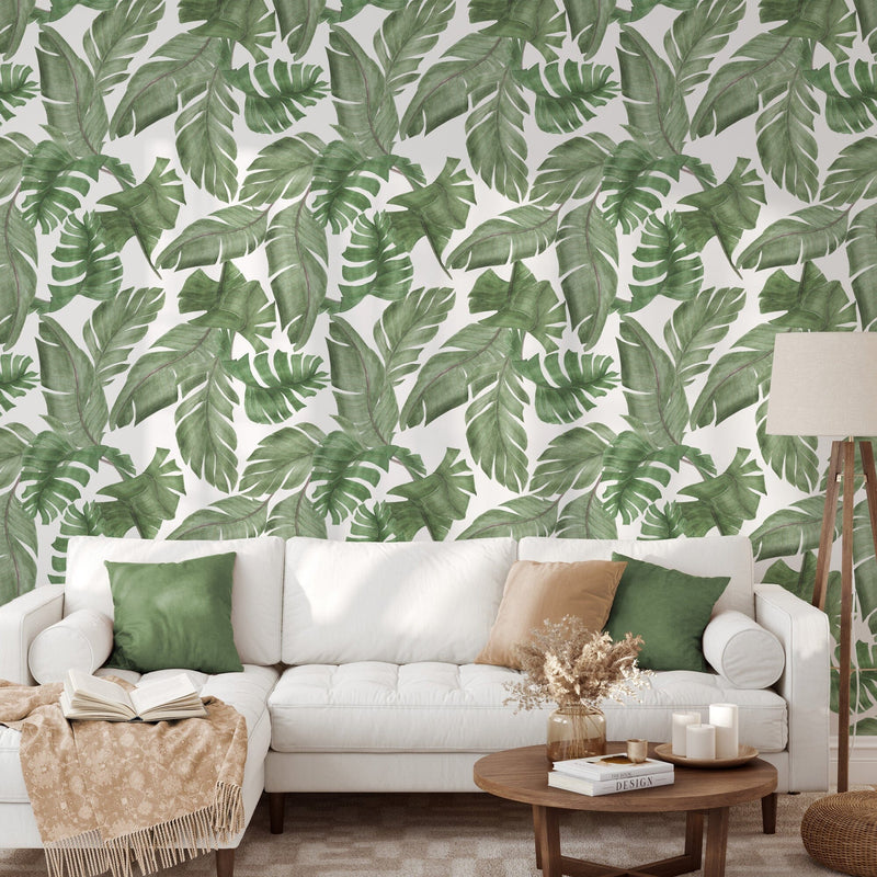 Large Tropical Green Leaves Wallpaper