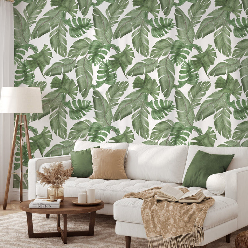 Large Tropical Green Leaves Wallpaper