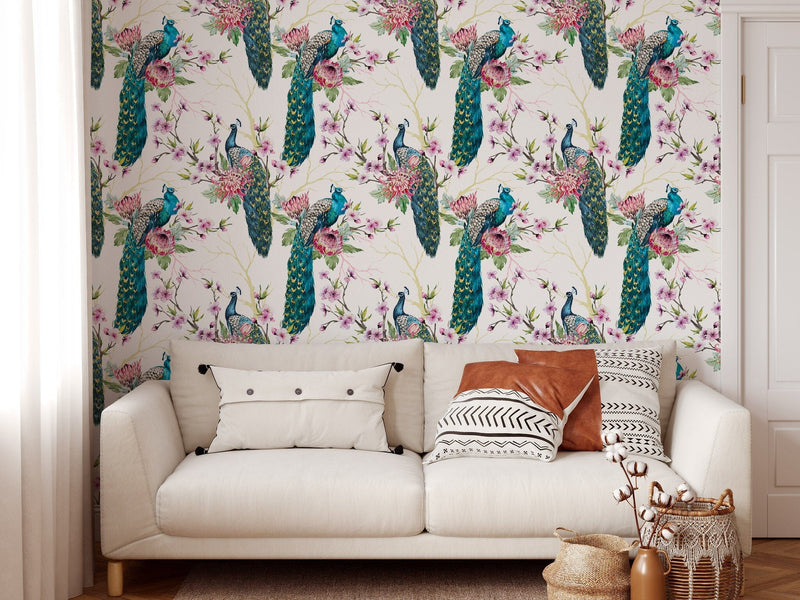 Graceful Peacock Pattern Wallpaper Peel and Stick