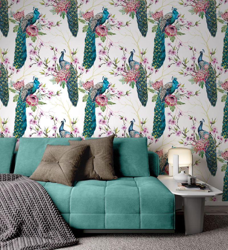 Graceful Peacock Pattern Wallpaper Peel and Stick