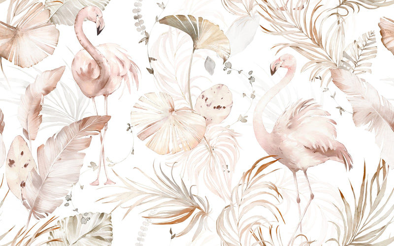 Watercolor Boho Pink Flamingo Wallpaper | Tropical Leaves Background