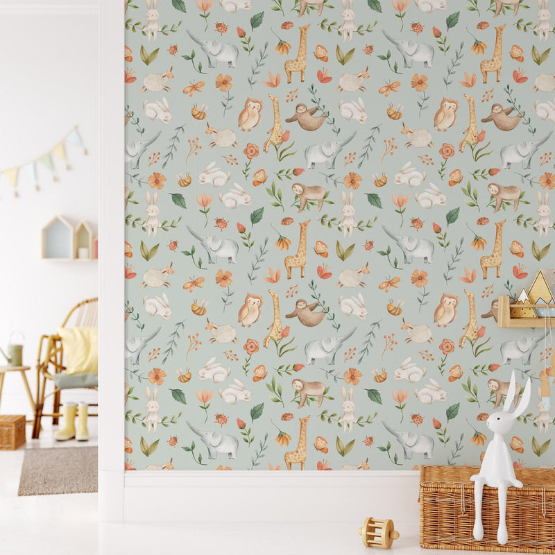 Animal Adventure Nursery Wallpaper - Featuring Rabbits, Giraffes, Elephants & More