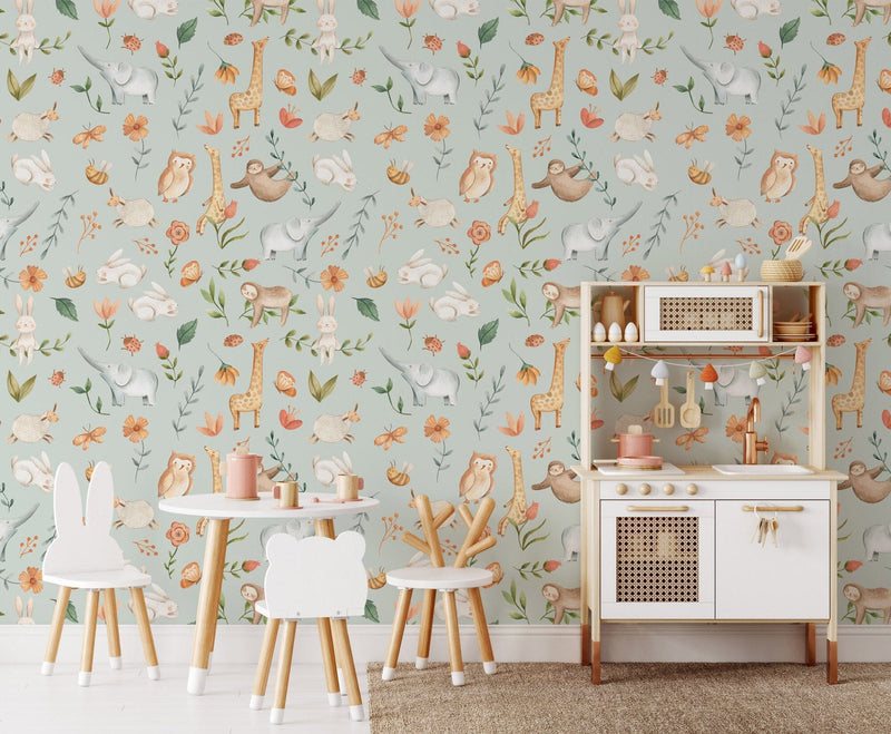 Animal Adventure Nursery Wallpaper - Featuring Rabbits, Giraffes, Elephants & More