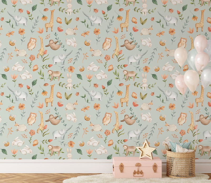 Animal Adventure Nursery Wallpaper - Featuring Rabbits, Giraffes, Elephants & More