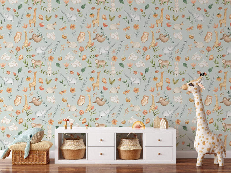 Animal Adventure Nursery Wallpaper - Featuring Rabbits, Giraffes, Elephants & More