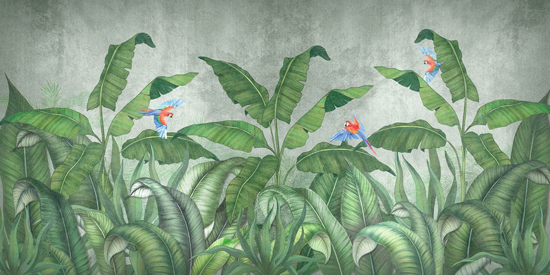 Tropical Paradise Jungle Wallpaper Mural with Parrots