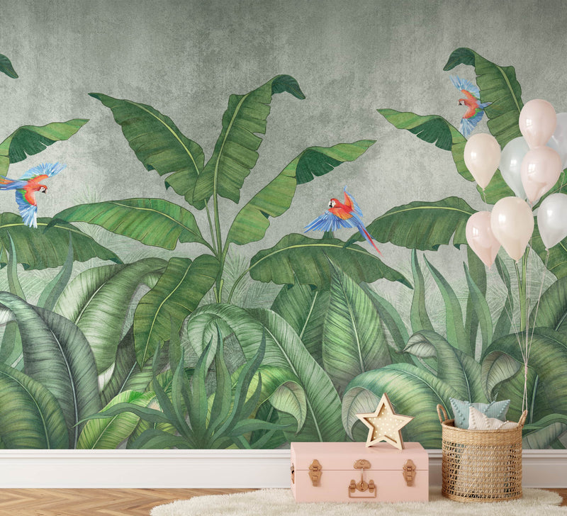 Tropical Paradise Jungle Wallpaper Mural with Parrots