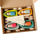 **Pre-order (Ships in 1-2 Weeks)**4 Pcs STAINED Wooden Land Yachts Set with 4 Peg Dolls by Green Elephant Home and Toys