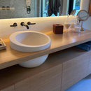 White Fossil Limestone Circular Vessel Sink Handcrafted For Bathroom
