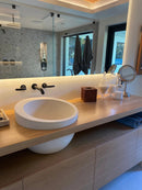 White Fossil Limestone Circular Vessel Sink Handcrafted For Bathroom