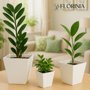 3-Piece White Plastic Square Planter Pot Set – Modern Tapered Design