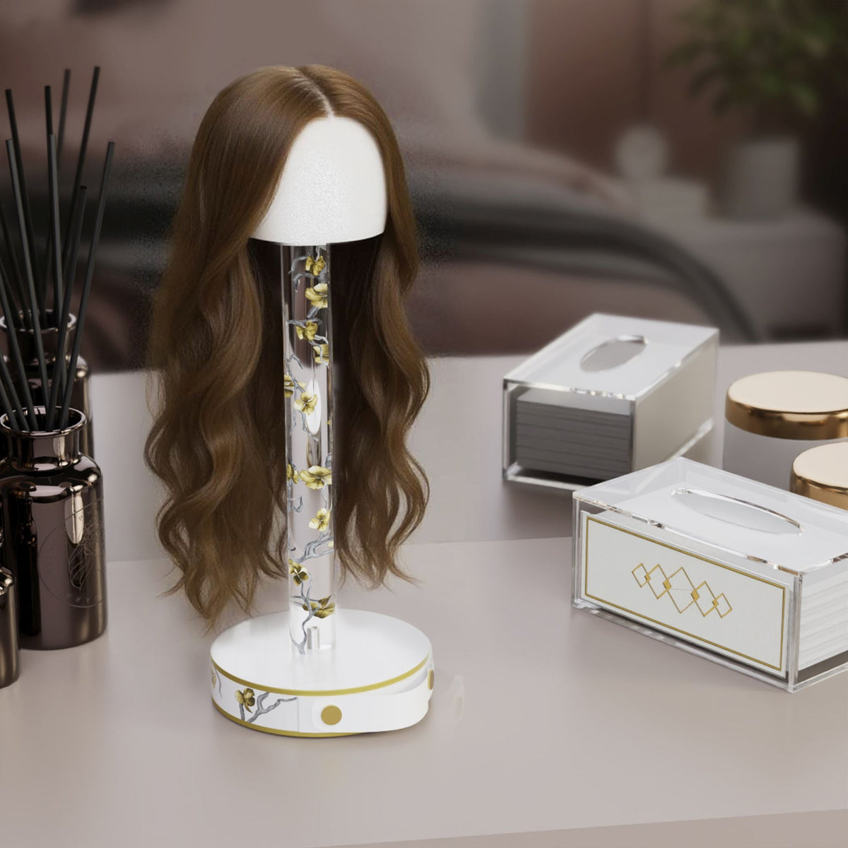 Golden Branch Wig Head, installed in a room