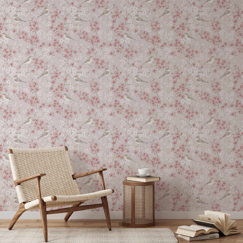 Cherry Blossom Wallpaper with Willow Warbler Birds