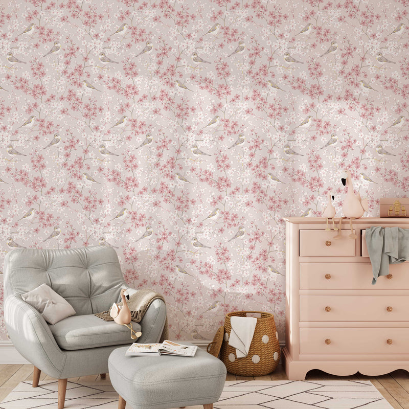 Cherry Blossom Wallpaper with Willow Warbler Birds