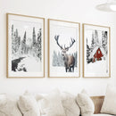 Christmas Mood Wall Art Prints. Red Log Cabin, Deer by Wall Art Set