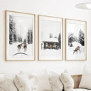 Christmas Mood Set of 3 Prints. Fawn, Log Cabin, Sledding by Wall Art Set