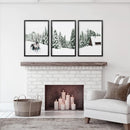 Winter Snowy Nature Triptych. Reindeer, Log Cabin, Pine Tree by Wall Art Set