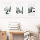 Winter Snowy Nature Triptych. Reindeer, Log Cabin, Pine Tree by Wall Art Set