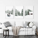 Winter Snowy Nature Triptych. Reindeer, Log Cabin, Pine Tree by Wall Art Set