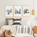 Winter Snowy Nature Triptych. Reindeer, Log Cabin, Pine Tree by Wall Art Set