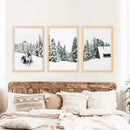 Winter Snowy Nature Triptych. Reindeer, Log Cabin, Pine Tree by Wall Art Set
