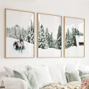 Winter Snowy Nature Triptych. Reindeer, Log Cabin, Pine Tree by Wall Art Set
