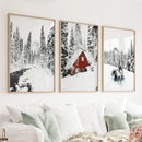 Christmas Deer Wall Art Set of 3. Red Barn, Frozen River by Wall Art Set